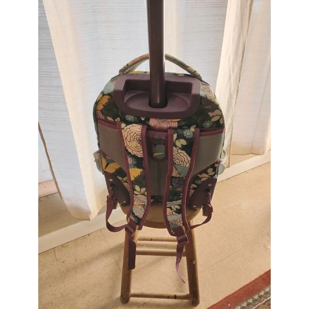 J World New York Rolling Backpack Retractable Handle Mesh Pockets Secret Garden